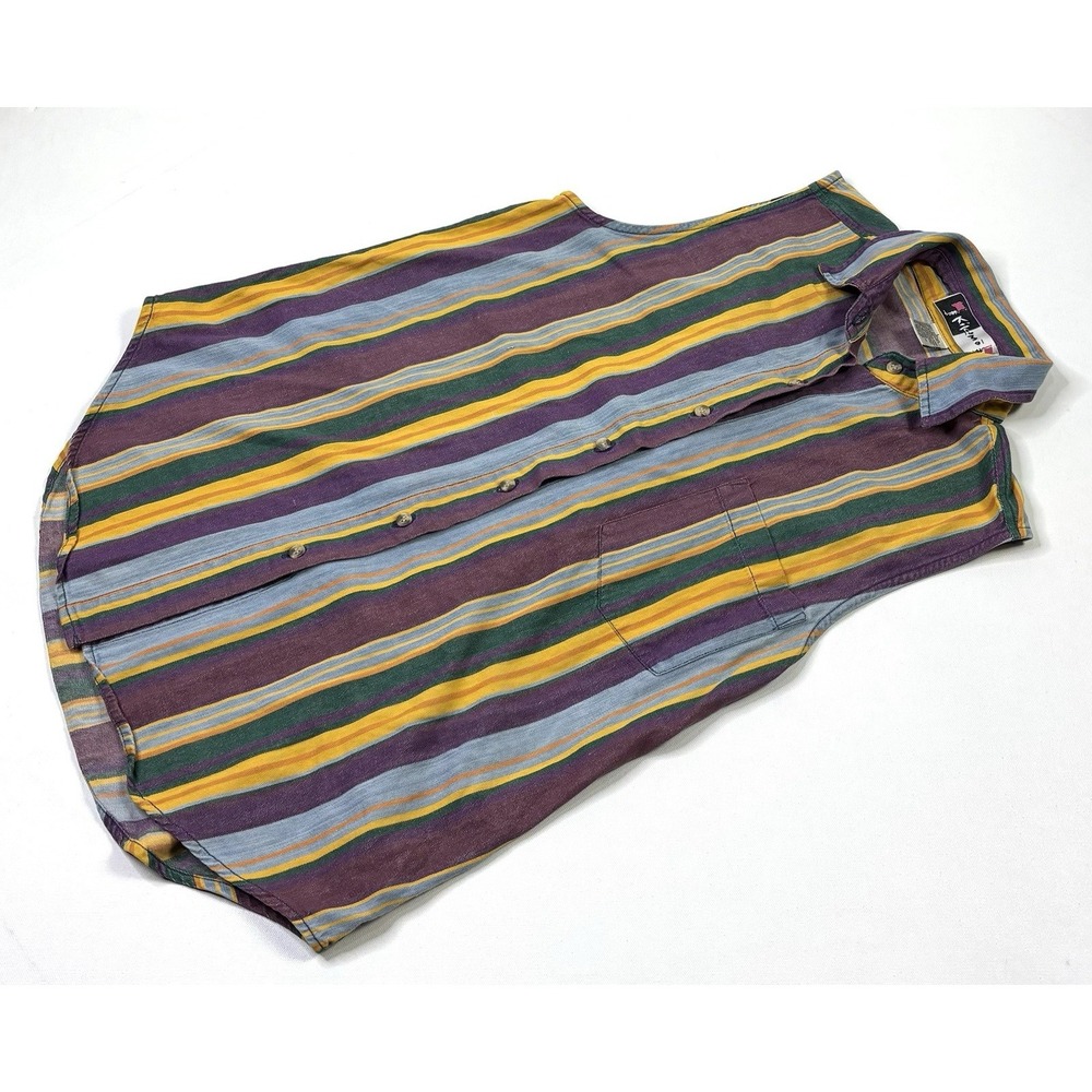 Vintage Kikomo Sleeveless Shirt Women's Large Button Up Striped Purple Orange - Picture 2 of 8